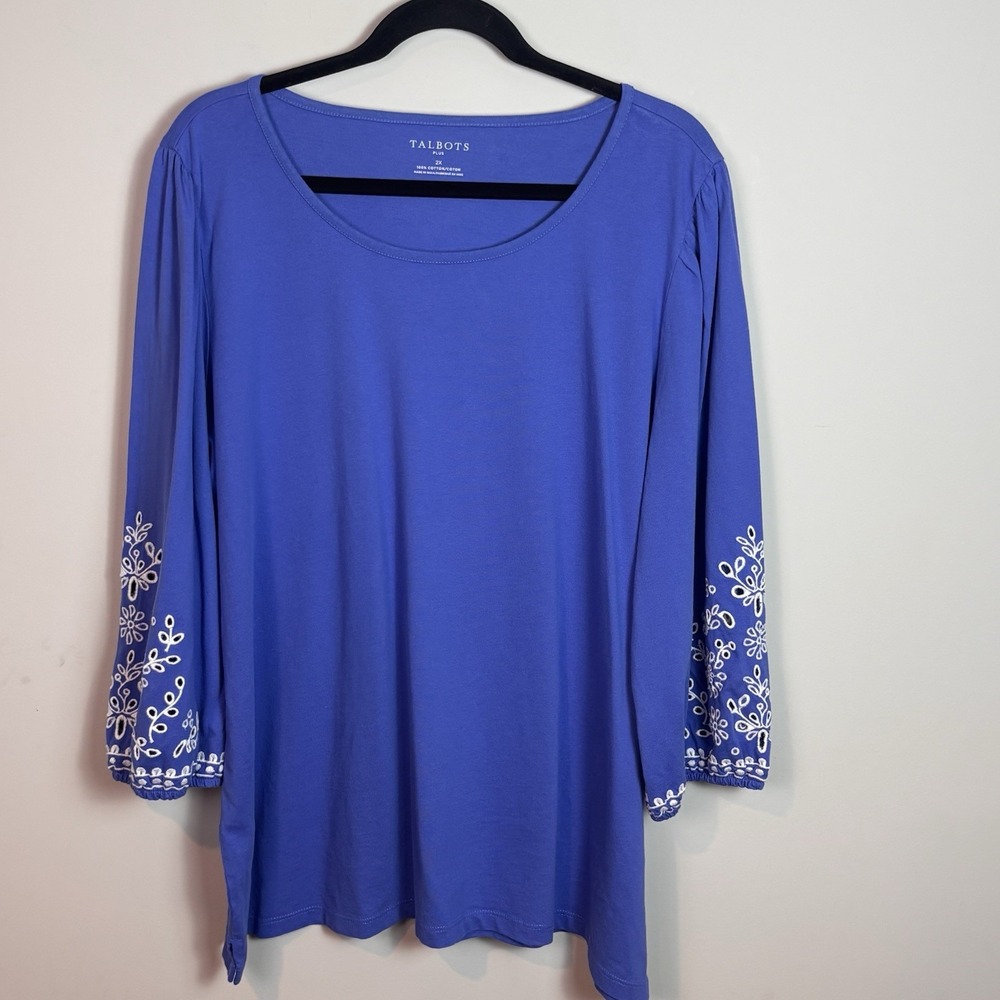 Talbots Womens Blue Scoop Neck Floral Embroidered Eyelet Detail Sleeve Top sz 2X